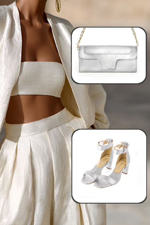 Dress sandals ankle strap in silver leather with medium comma heels and square toe - Top view